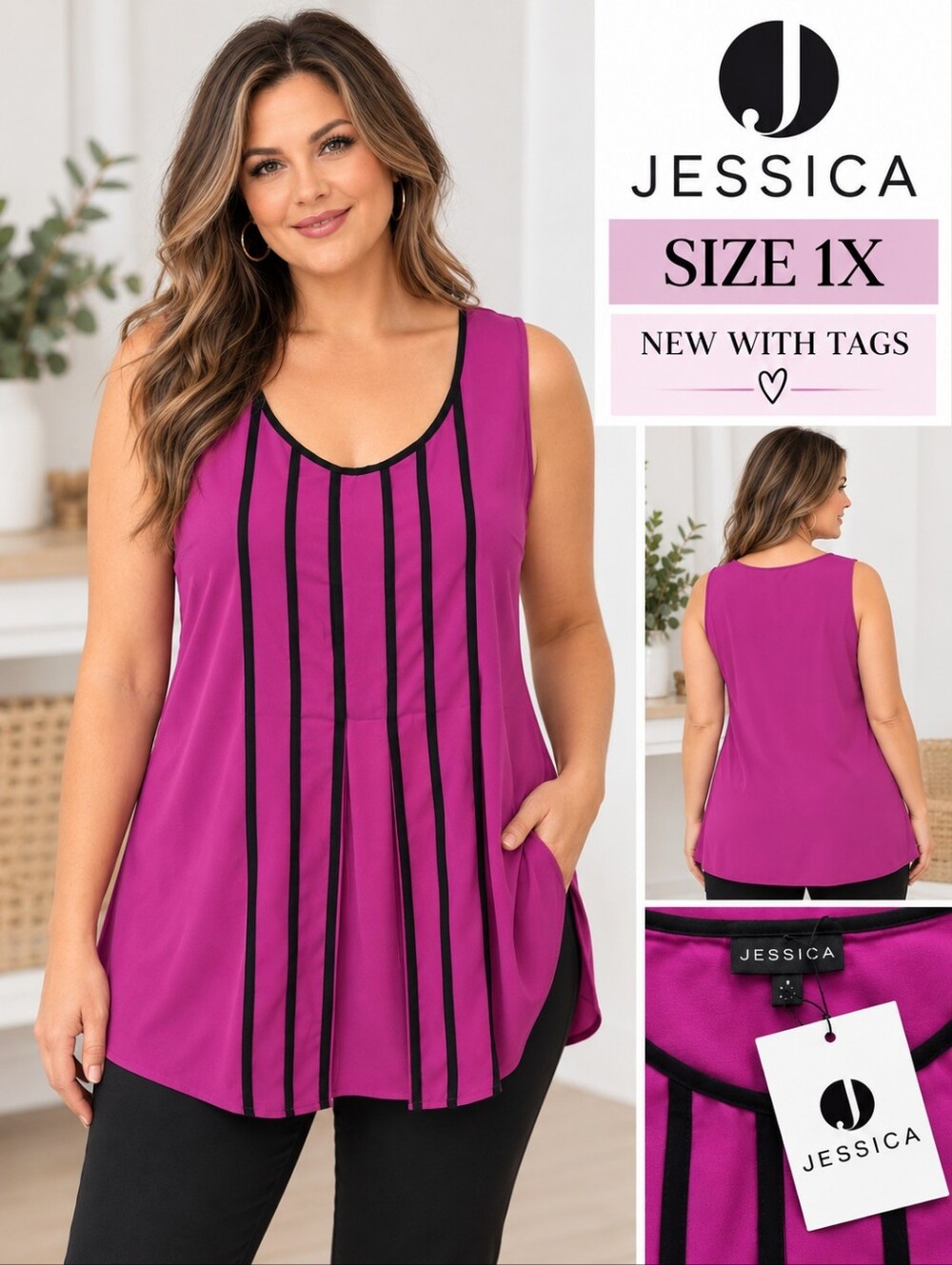 Jessica 1X Purple Black Sleeveless Tunic Top NWT